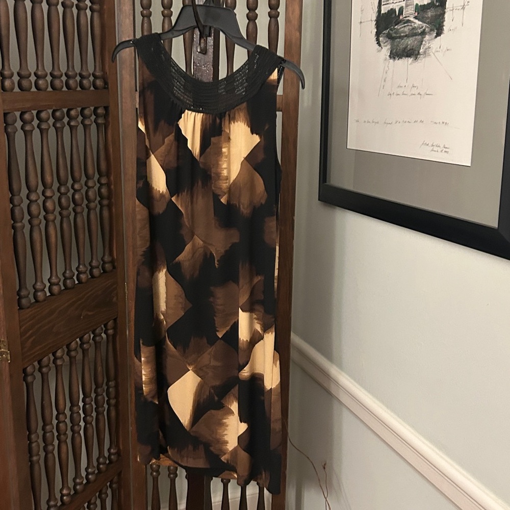 Abstract Tan + Brown Dress Black Crochet Neckline Embellishment Design Size M